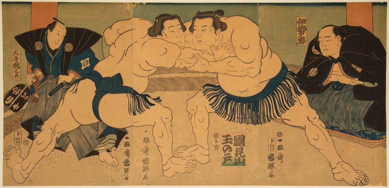 Walczą zapaśnicy sumo, Tagasugo kontra Ayusegawa. Nadruk Utagawy Kuniteru (1808-1876) autorstwa Utagawa Kuniteru