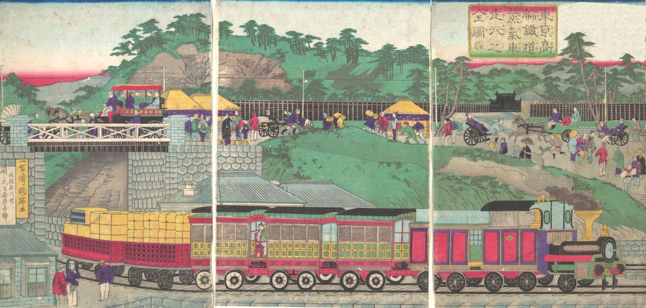 Ilustracja przedstawiająca lokomotywę parową jadącą koleją Takanawa w Tokio Tokyo ta..., ca. 1873. autorstwa Utagawa Kuniteru
