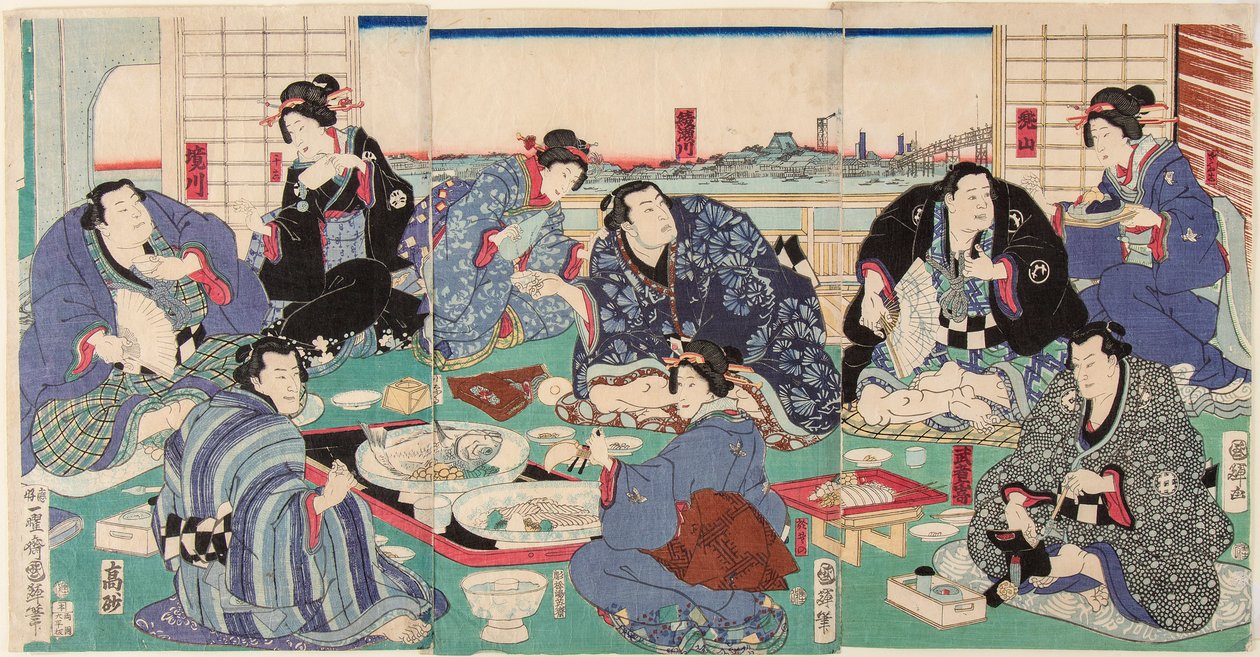 Zapaśnik sumo Sakaigawa Namiemon (z lewej) z innymi zapaśnikami i gejszą podczas uroczystego posiłku. Rycina Kuniteru, Utagawa (1808-1876) autorstwa Utagawa Kuniteru