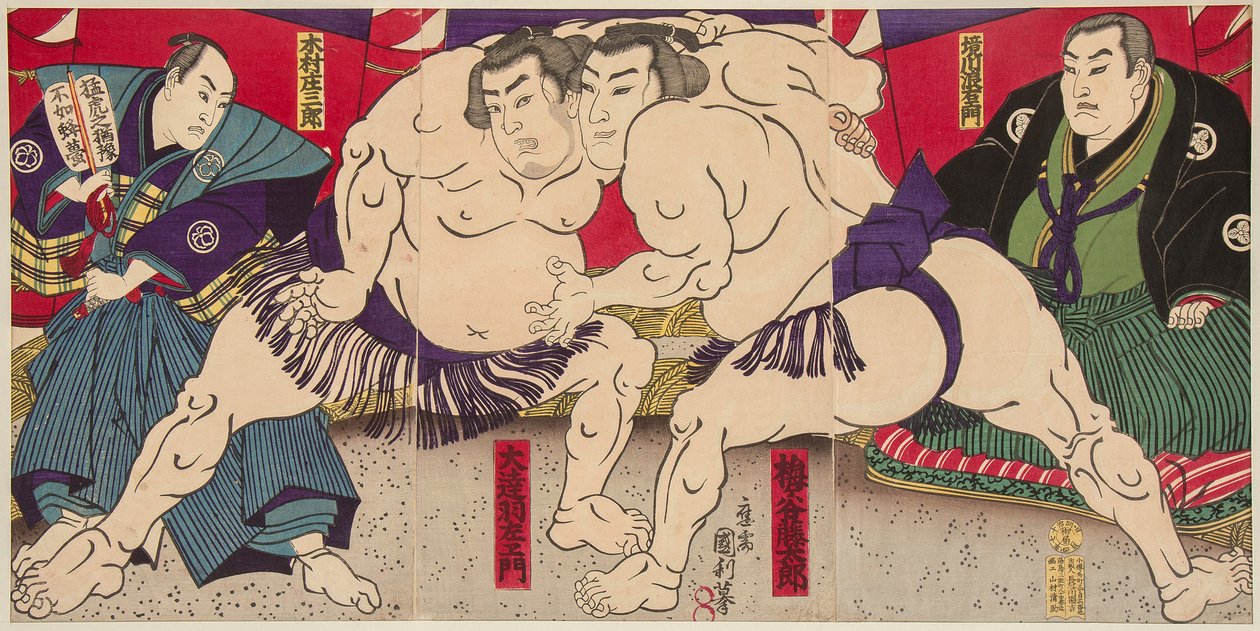 Combat des lutteurs de sumo Umegatani Rodachi et Kimura Shonosuke.38x72,5 autorstwa Utagawa Kunitoshi