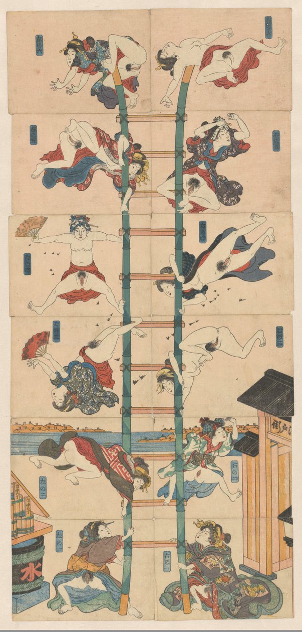 Seria dwunastu koban Shunga z prostytutkami w roli akrobatycznych strażaków autorstwa Utagawa Kuniyoshi (school of)