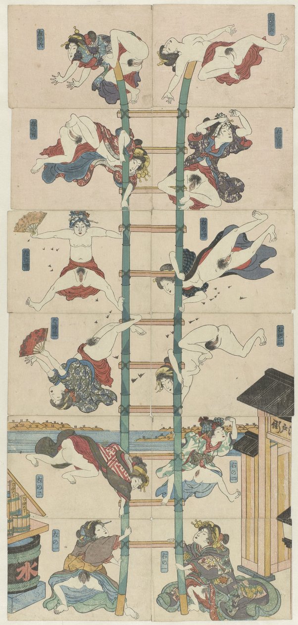 Seria dwunastu koban Shunga z prostytutkami w roli akrobatycznych strażaków autorstwa Utagawa Kuniyoshi (school of)