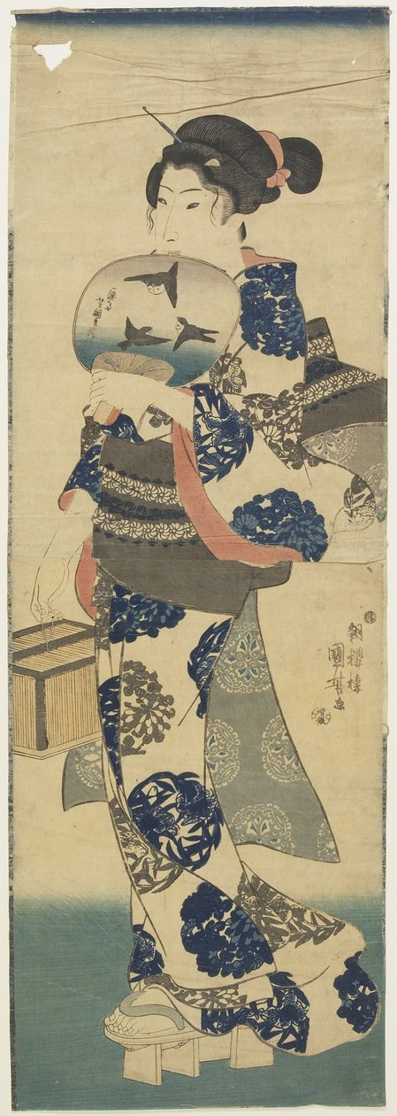 (Kobieta z wachlarzem i klatką do krykieta), 1843-1847 autorstwa Utagawa Kuniyoshi