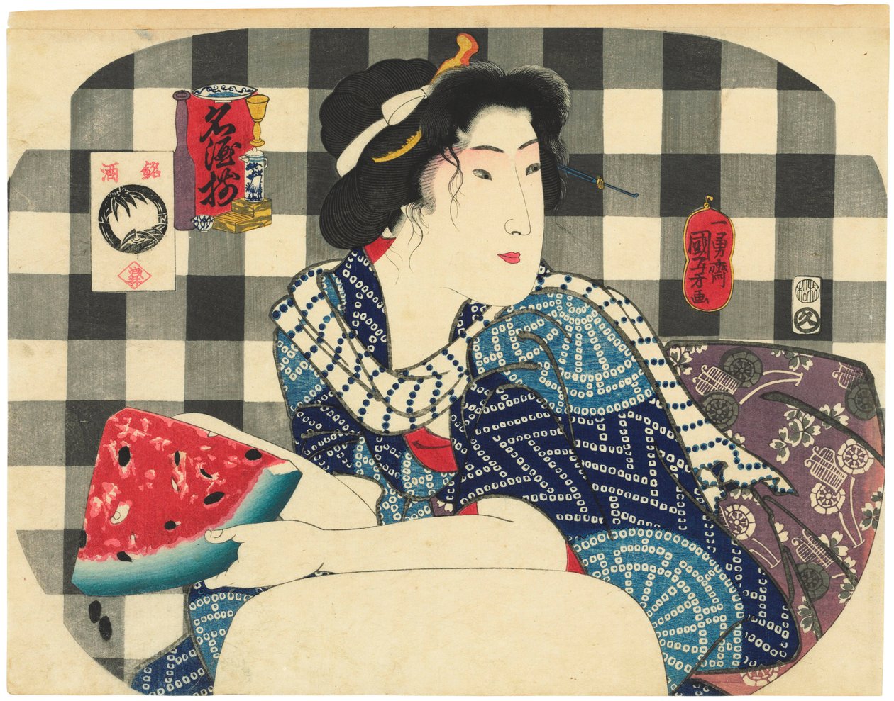 Kobieta trzymająca plasterek arbuza z serii Znane marki Sake (Meishu zoroi) autorstwa Utagawa Kuniyoshi