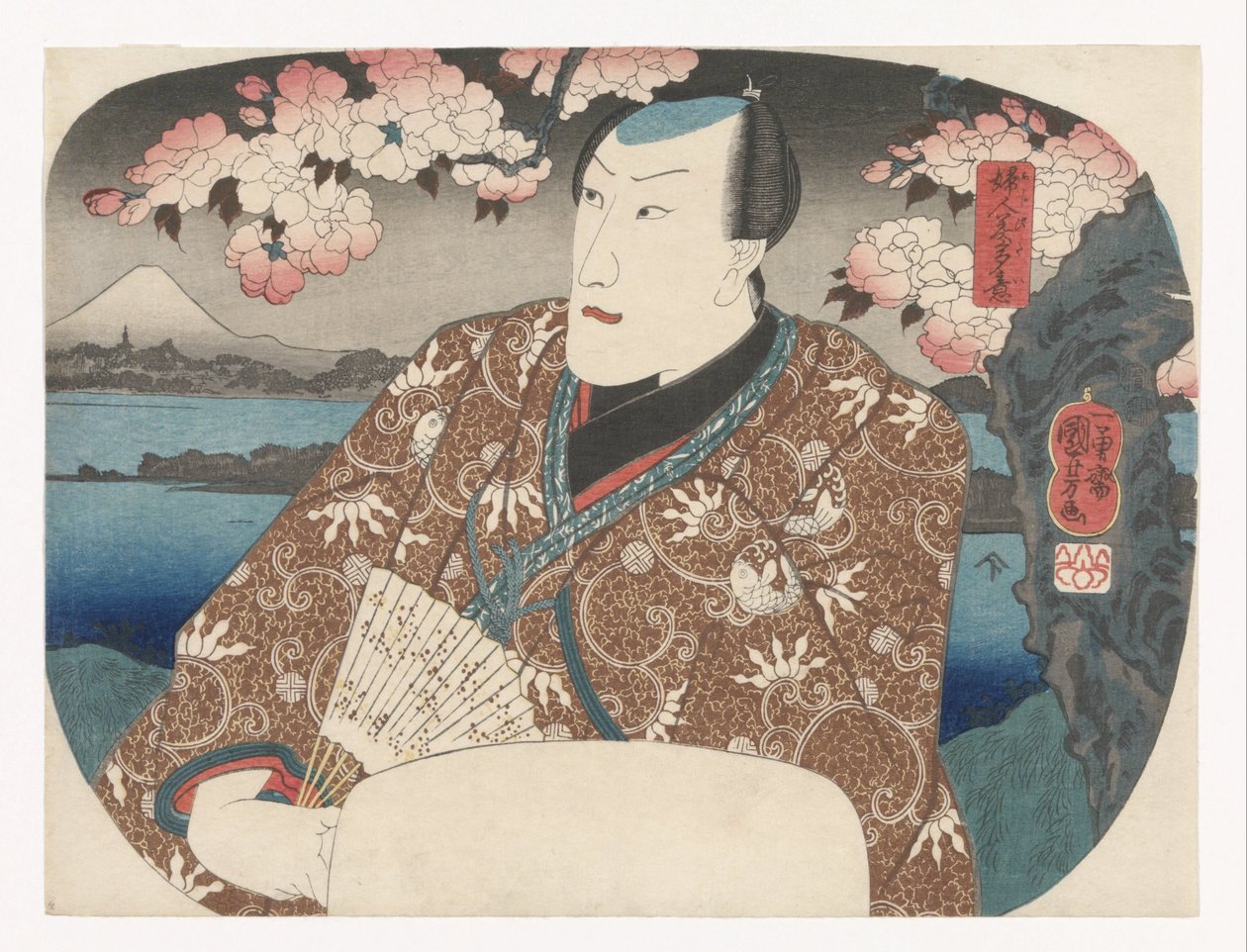 Aktor z wachlarzem pod kwiatem wiśni autorstwa Utagawa Kuniyoshi