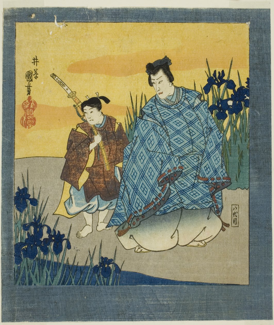 Aktor Ichikawa Danjuro VIII jako Narihira w Yatsuhashi z filmu "Sześciokrotny ekran słynnych obrazów (Meiga rokushi byobu)". autorstwa Utagawa Kuniyoshi