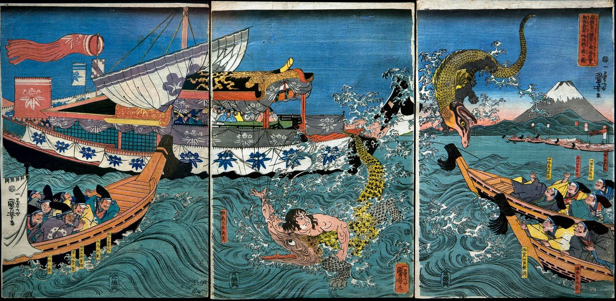 Walka Asahiny Yoshihide z dwoma krokodylami w morzu przy Kamakura Kotsubo autorstwa Utagawa Kuniyoshi