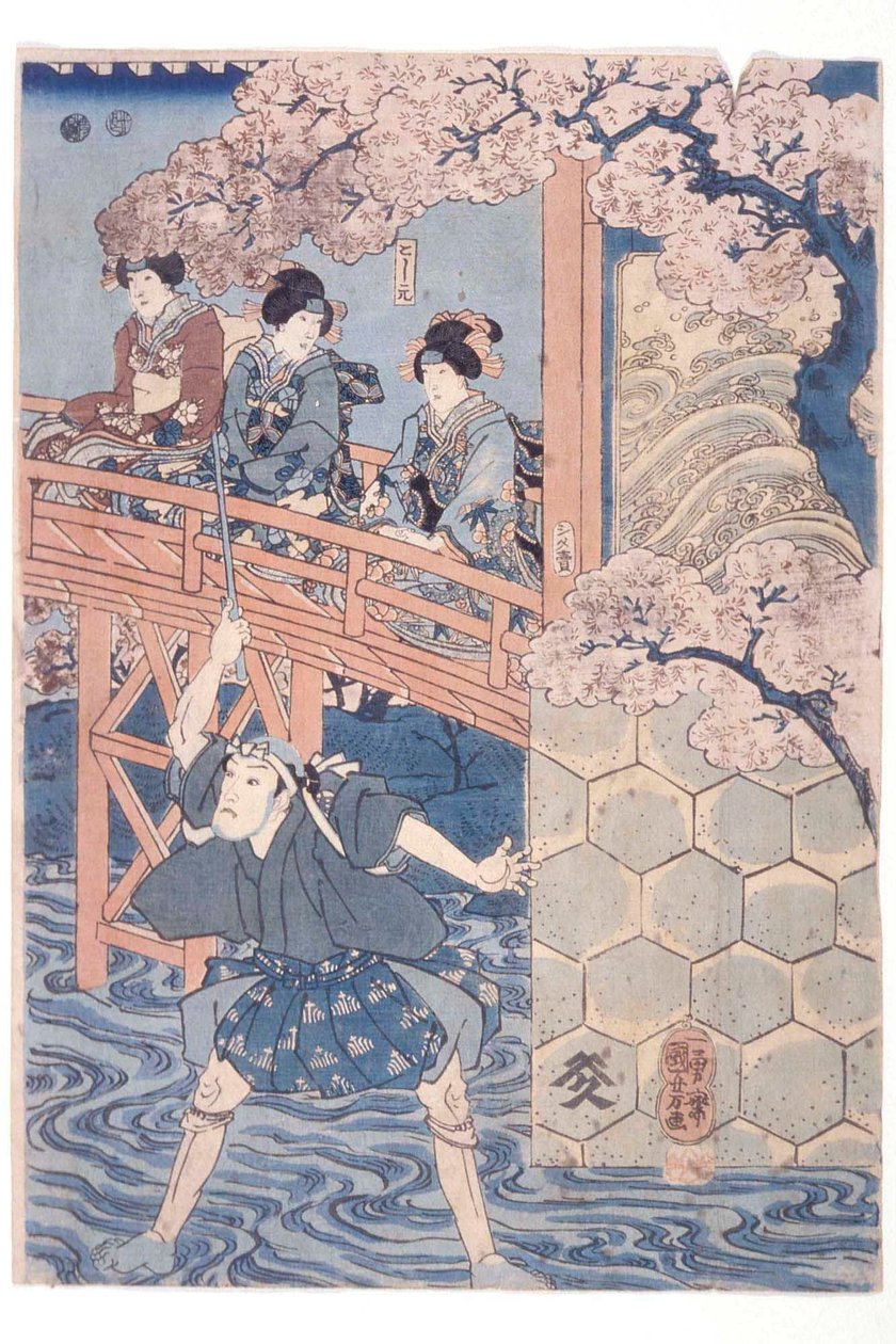Bandō Hikosaburō IV jako Ashikaga Yoshimasa oraz Ichikawa Kodanji IV jako Asakura Tōgo ze sztuki kabuki Higashiyama sakura sōshi autorstwa Utagawa Kuniyoshi