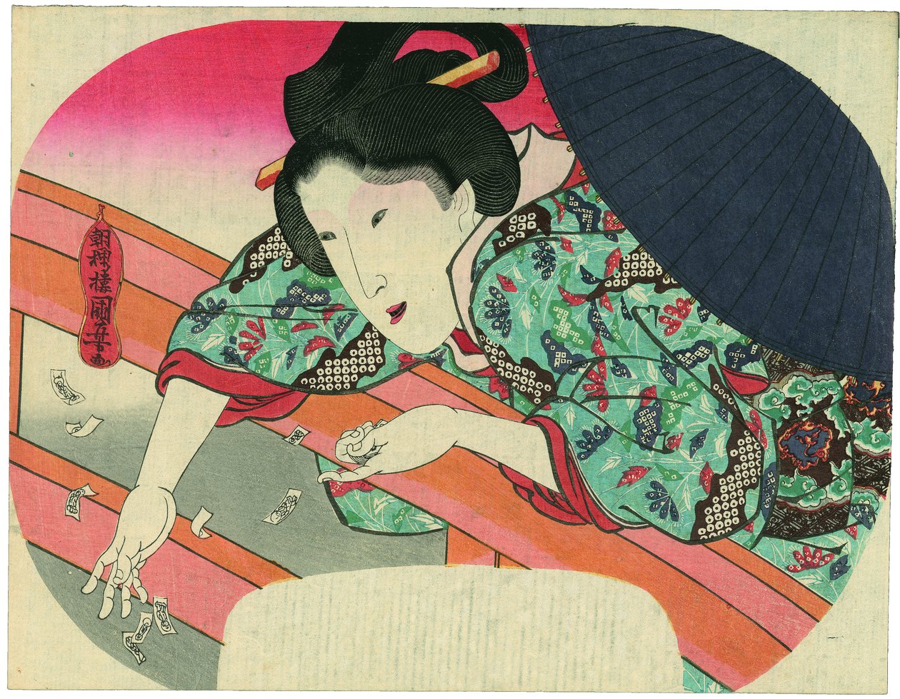 Piękność wrzuca do rzeki Sumida karteczki modlitewne dla bodhisattwy Jizō, aby uspokoić duchy utopionych autorstwa Utagawa Kuniyoshi