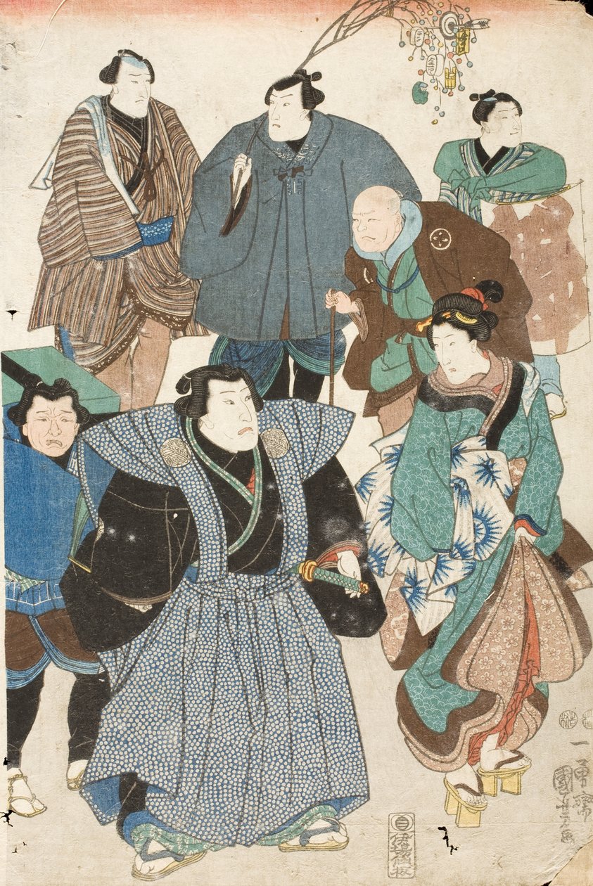 Świętowanie wiosny (aktorzy kabuki przebrani za uliczny tłum) autorstwa Utagawa Kuniyoshi