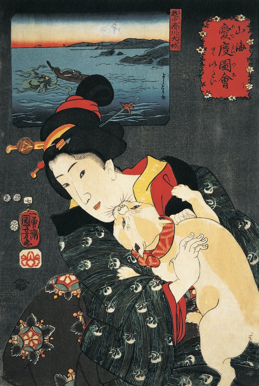 Zbliżenie młodej kobiety z kotem w ramionach autorstwa Utagawa Kuniyoshi