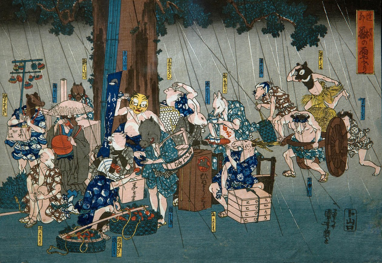 Comic Animals Taking Shelter from Rain (Dōke kemono no amayadori), c.1842 autorstwa Utagawa Kuniyoshi