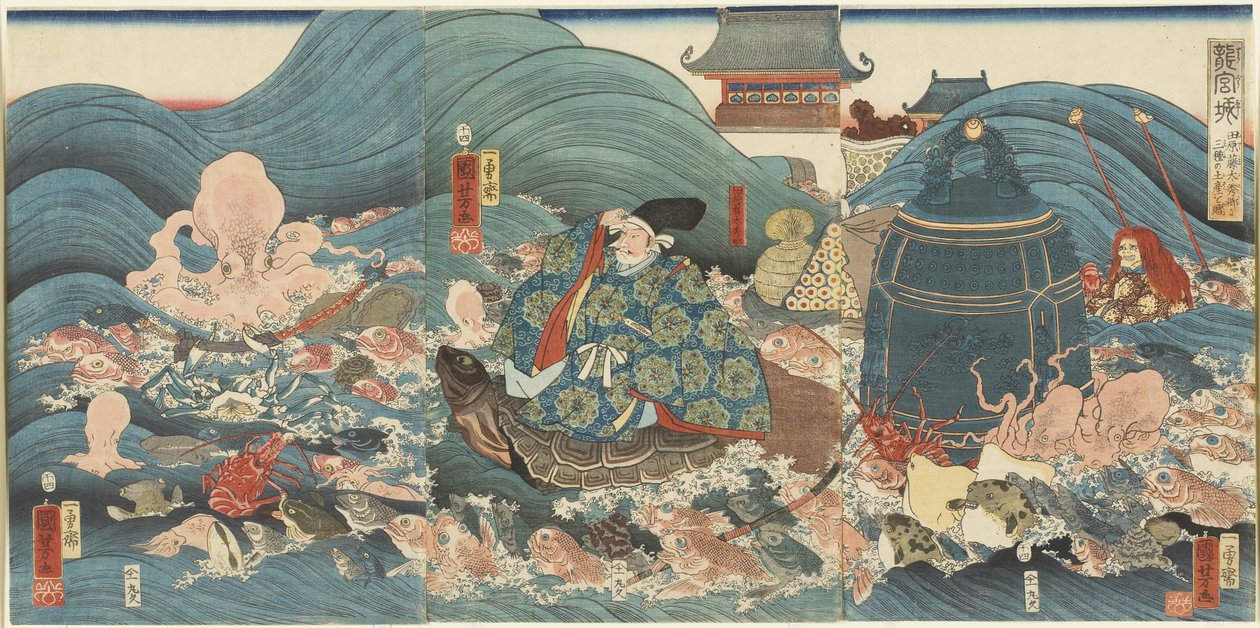 Smoczy Bóg nagradza Hidesato trzema prezentami, kwiecień 1858 r. autorstwa Utagawa Kuniyoshi