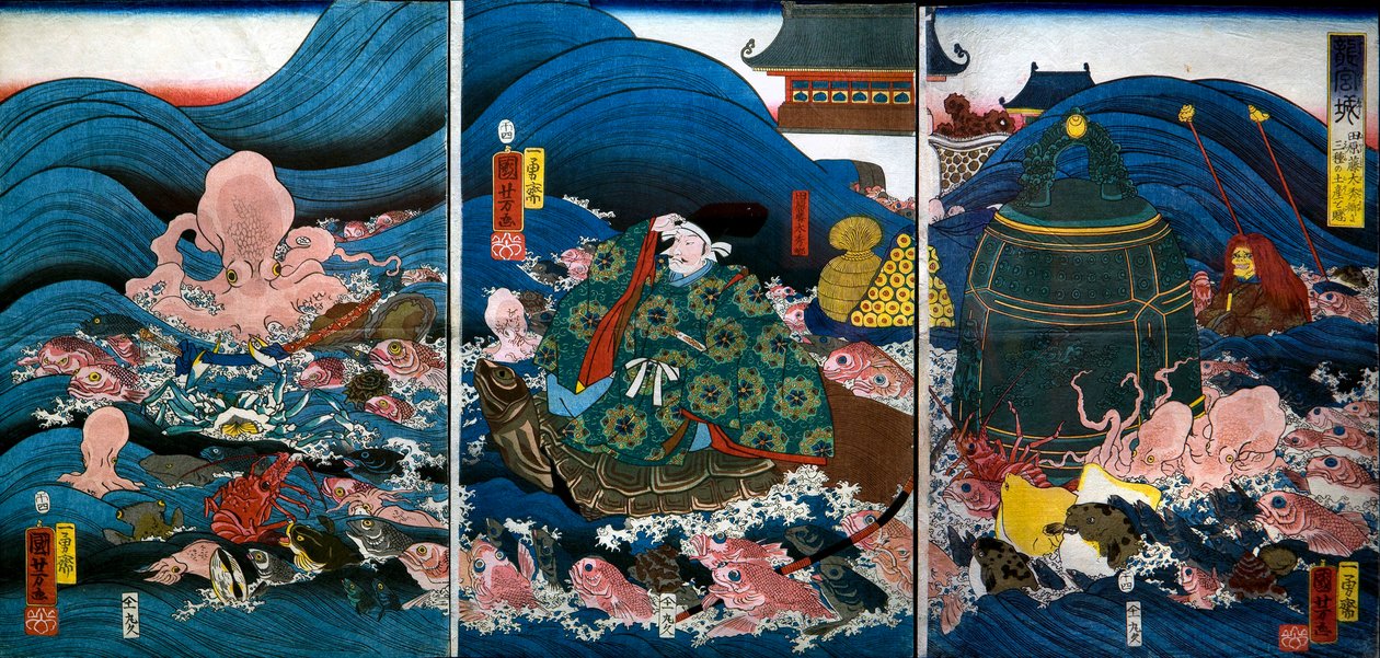 Smoczy Pałac Król Smoków wręcza Tawarze Tōda Hidesato (Ryūgūjō . trzy prezenty) autorstwa Utagawa Kuniyoshi