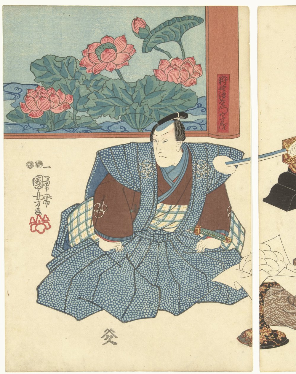 Trzech aktorów przy składanym ekranie autorstwa Utagawa Kuniyoshi