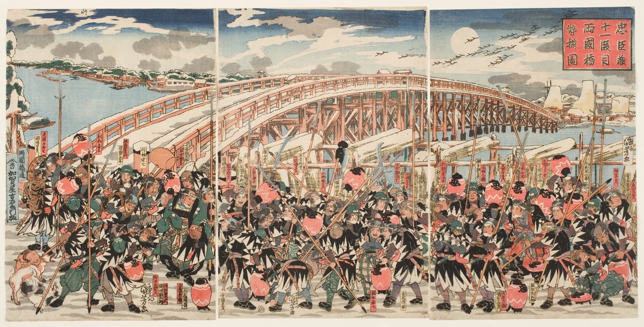 Jedenasty akt "Chushingury": Lojalni strażnicy zbierają się na moście Ryogoku autorstwa Utagawa Kuniyoshi