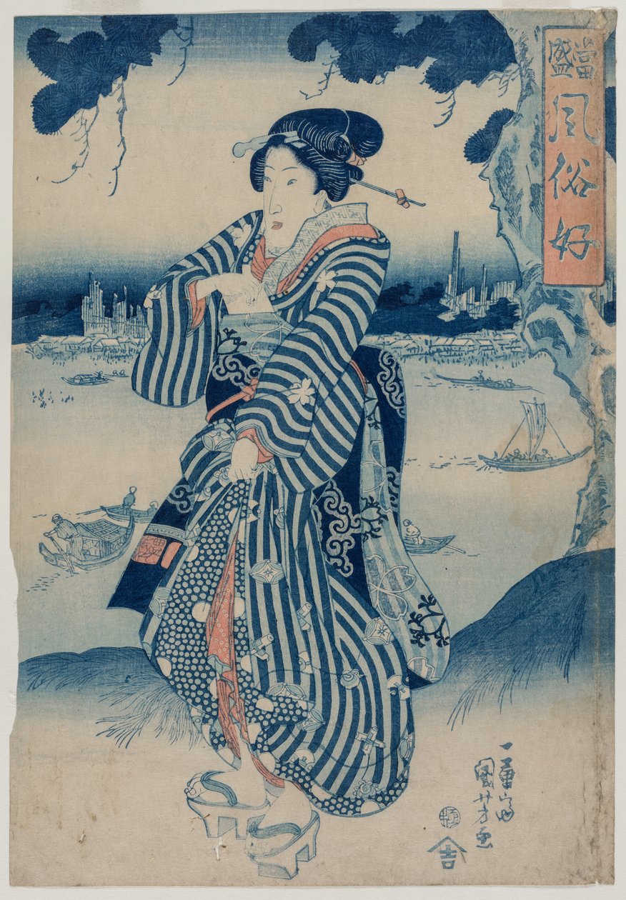 Gejsza stojąca na brzegu rzeki Sumida (z serii Ludzie, którzy lubią najnowsze mody i maniery) autorstwa Utagawa Kuniyoshi