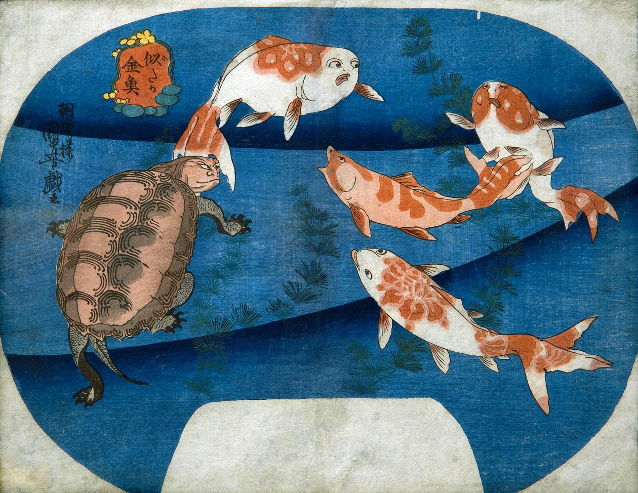 Złota rybka lub aktorzy odbierający (Nitake Kingo), K. 1842 autorstwa Utagawa Kuniyoshi