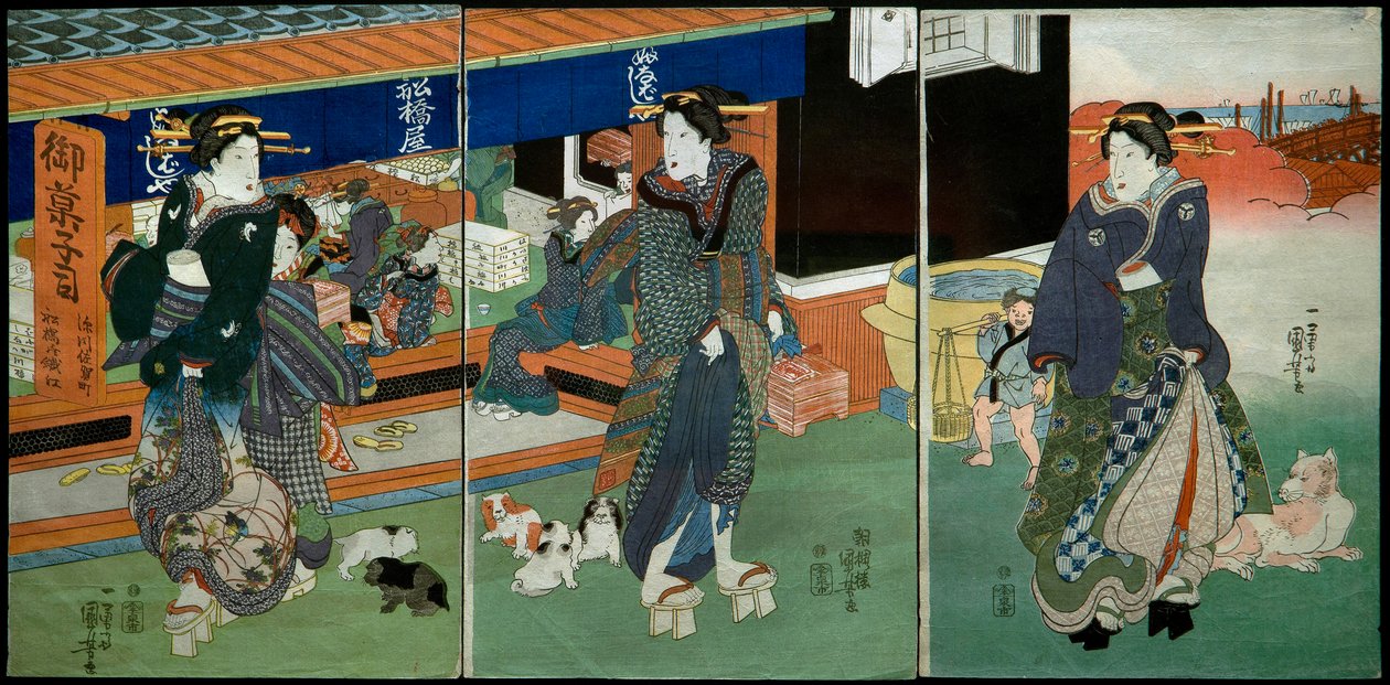 Przed sklepem ze słodyczami Funabashiya autorstwa Utagawa Kuniyoshi