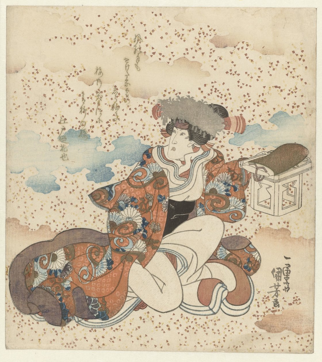 Klęcząca kobieta ze stołem ofiarnym autorstwa Utagawa Kuniyoshi
