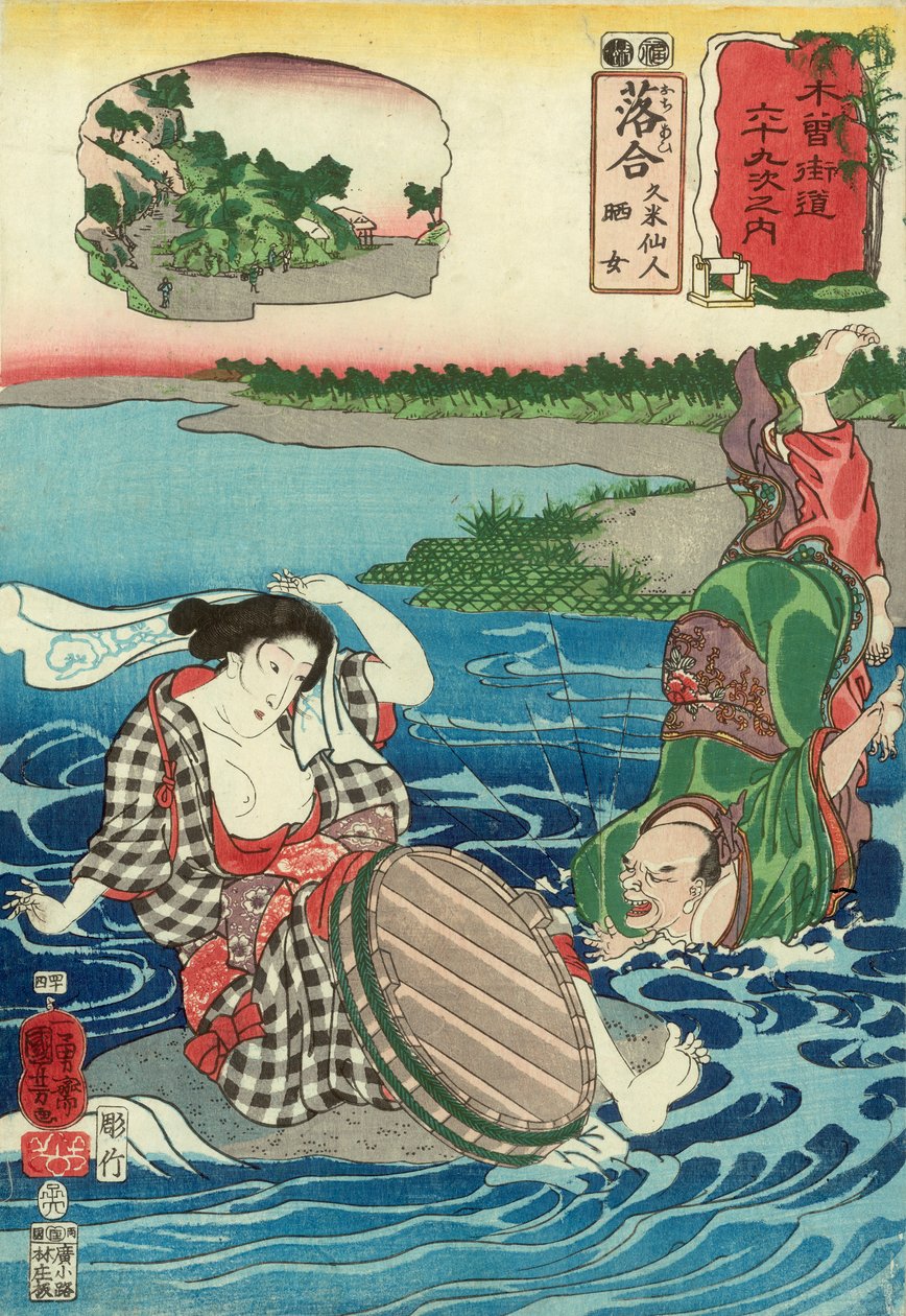 Kume Sennin wpada do rzeki na widok kobiety z nagimi piersiami przykucniętej na skale, Stacja 45, wyd. Hayashi Shoehi (kolorowy drzeworyt) autorstwa Utagawa Kuniyoshi