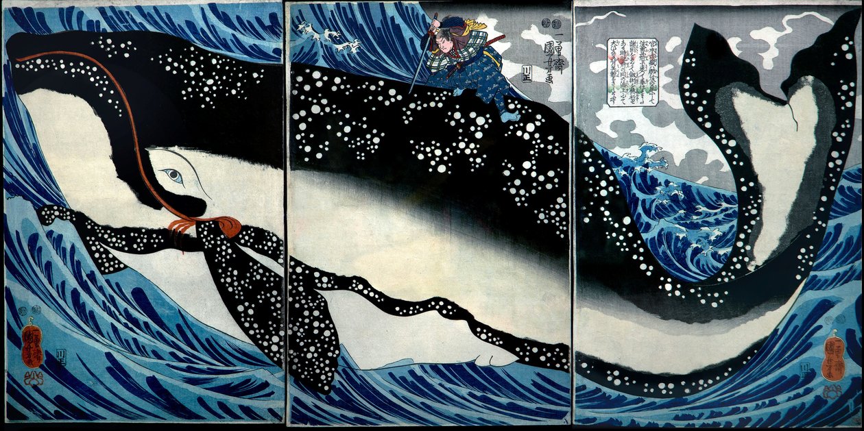 Miyamoto Musashi zabija ogromnego wieloryba, ok. 1847 r. autorstwa Utagawa Kuniyoshi