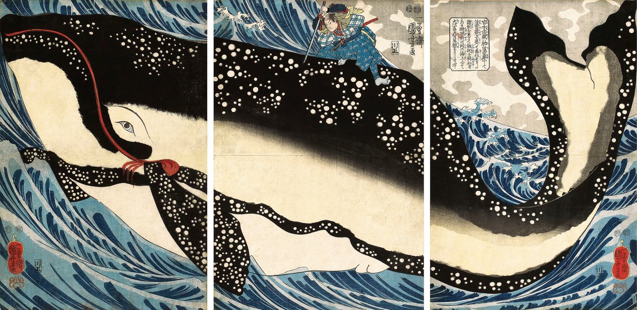 Miyamoto no Musashi atakuje wielkiego wieloryba autorstwa Utagawa Kuniyoshi
