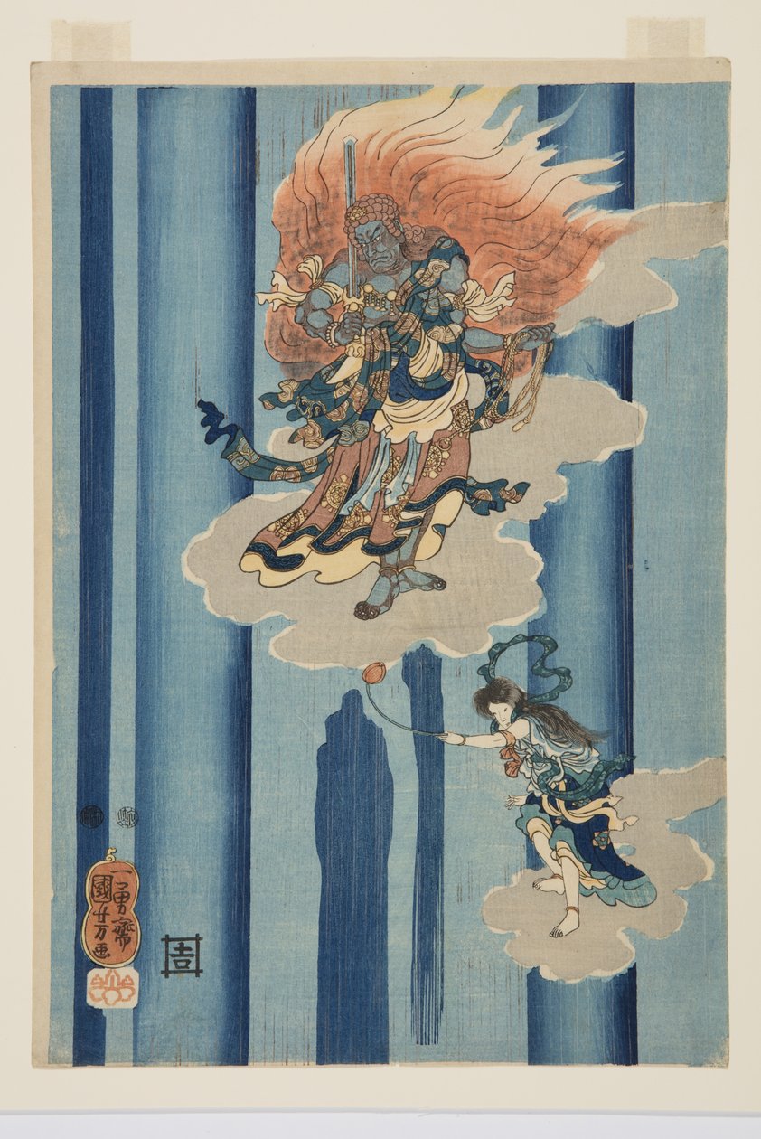 Mongaku Shonin pod wodospadem (w środku) (kolorowy drzeworyt) autorstwa Utagawa Kuniyoshi