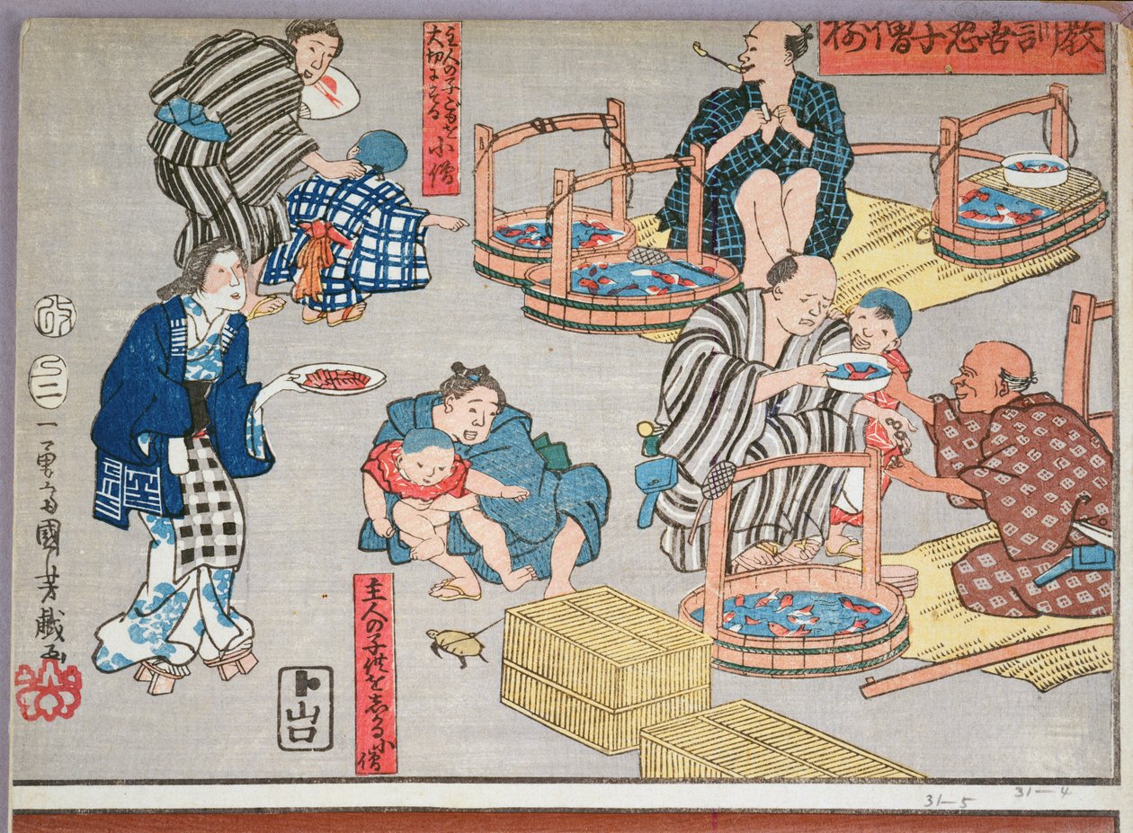 Nauczanie moralne kupców, dające dobre i złe przykłady zachowań, 1857 (kolorowy drzeworyt) autorstwa Utagawa Kuniyoshi