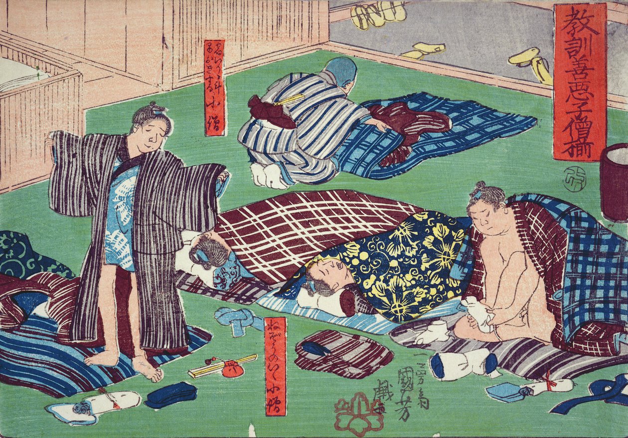 Nauka moralna dla sklepikarzy, podająca dobre i złe przykłady zachowania, 1857 (drzeworyt kolorowy) autorstwa Utagawa Kuniyoshi