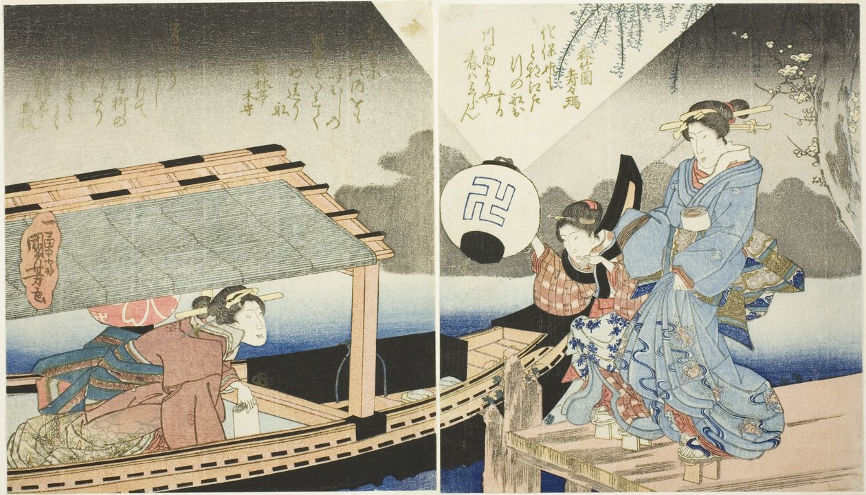 Nocna scena na pokładzie łodzi wycieczkowej autorstwa Utagawa Kuniyoshi