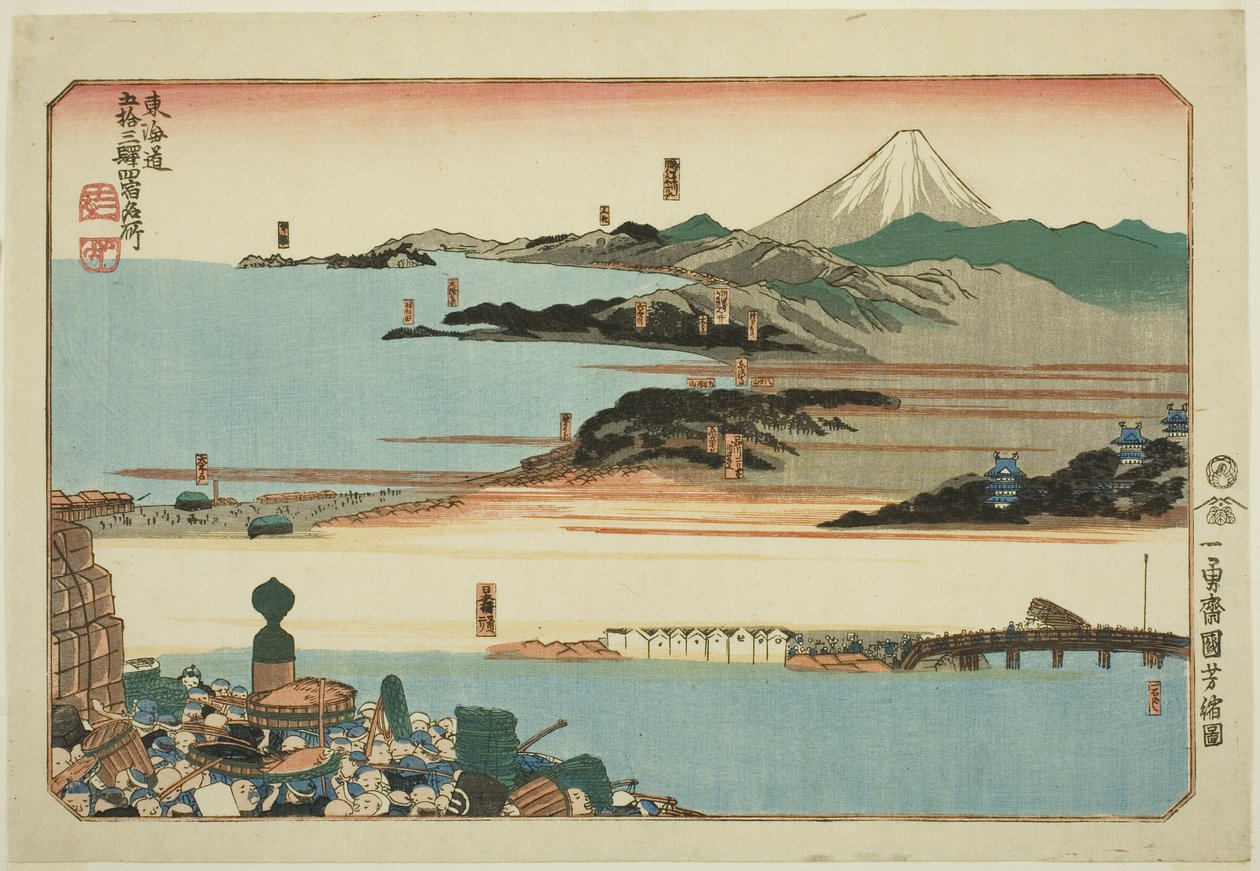 Nihonbashi, Shinagawa, Kawasaki i Kanagawa z serii „Słynne miejsca na pięćdziesięciu trzech stacjach Tokaido, cztery stacje (Tokaido gojusan eki yonshuku meisho)” autorstwa Utagawa Kuniyoshi