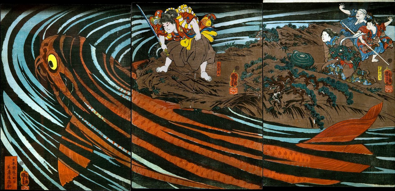 Oniwaka-maru zaatakuje potwornego karpia autorstwa Utagawa Kuniyoshi
