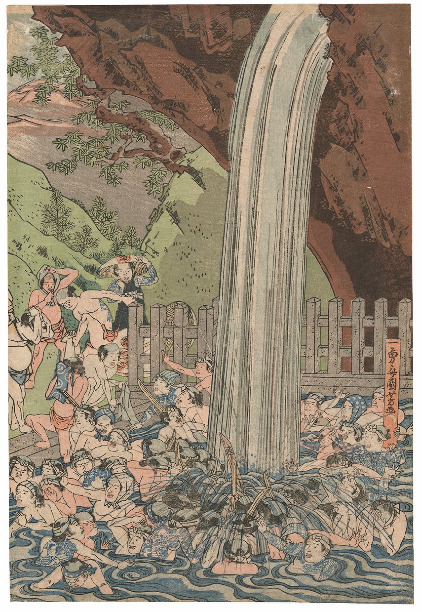 Pielgrzymi w Roben Waterfall w Oyama, podpisane Ichiyusai Kuniyoshi, wydane przez Azumaya Daisuke, pieczęć kiwame, tryptyk Oban tate-e (kolorowy drzeworyt) autorstwa Utagawa Kuniyoshi
