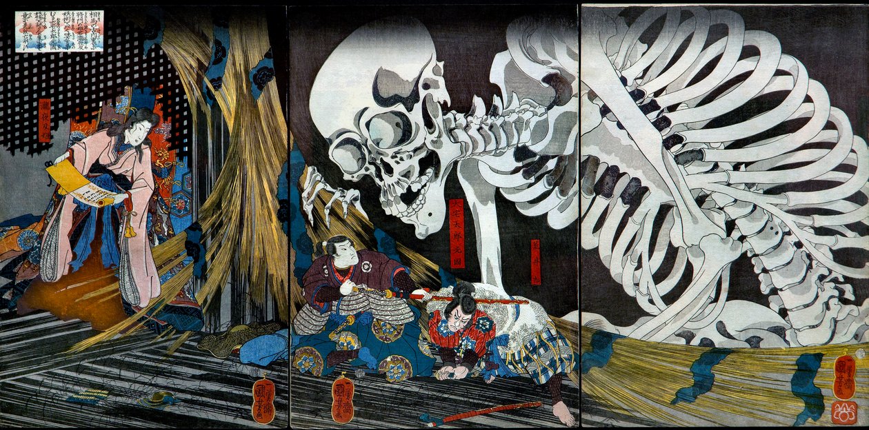 Księżniczka Takiyasha przyzywa monstrualne widmo szkieletów w Starym Pałacu w Somie, ok. 1845-46 autorstwa Utagawa Kuniyoshi