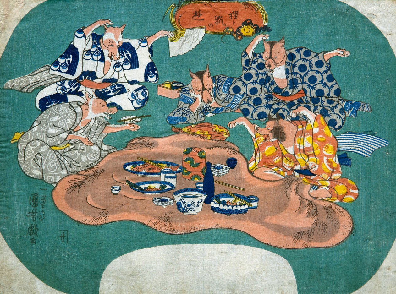 Racoon Dog and Fox at Play (Tanuki do kitsune no asobi), ok.1842 autorstwa Utagawa Kuniyoshi