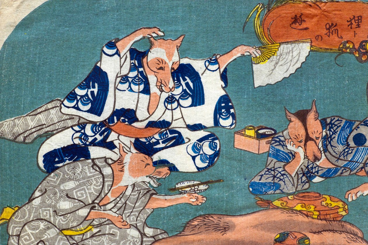 Racoon Dog and Fox at Play (Tanuki do kitsune no asobi), ok.1842 autorstwa Utagawa Kuniyoshi