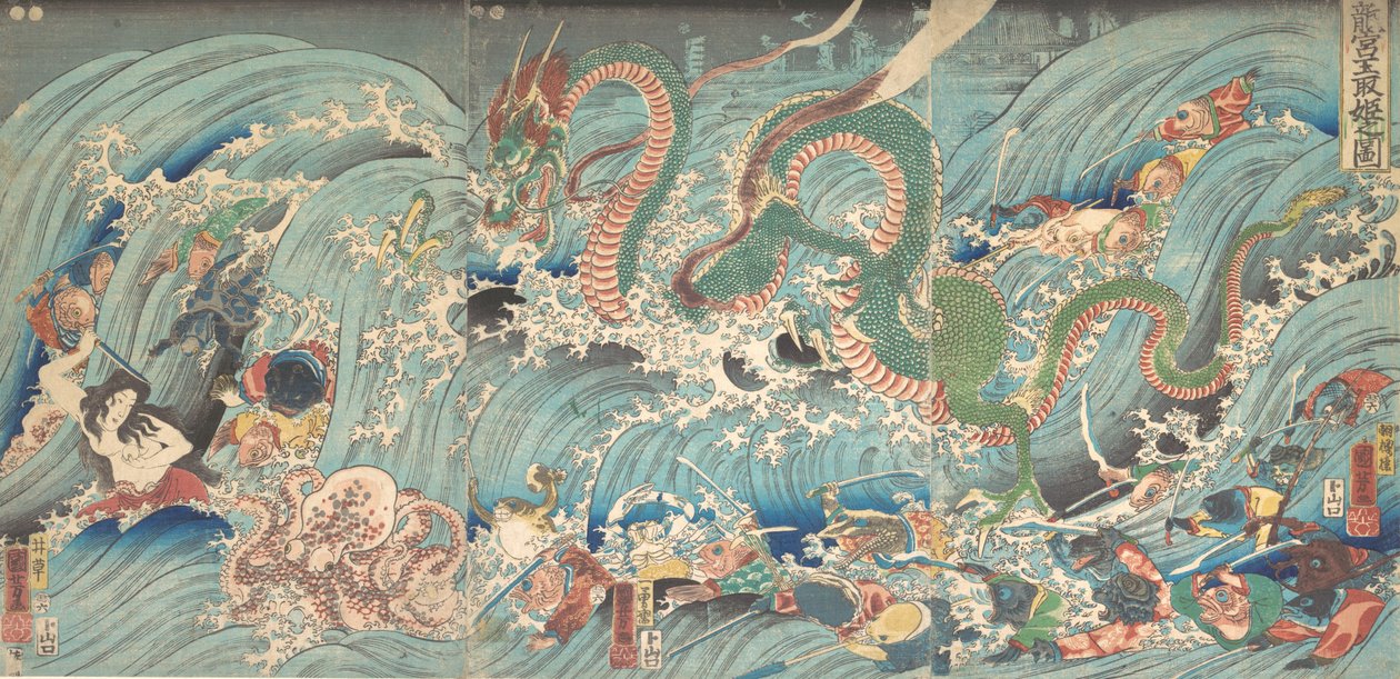Odzyskiwanie skradzionego klejnotu z Pałacu Króla Smoków, 1853. autorstwa Utagawa Kuniyoshi