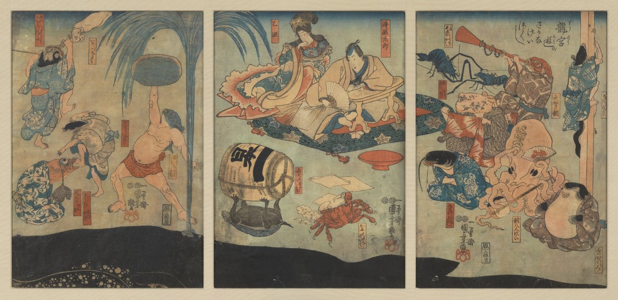 Morskie stworzenia zabawiają Urashimę Tarō i Oto Hime w Smoczym Pałacu autorstwa Utagawa Kuniyoshi