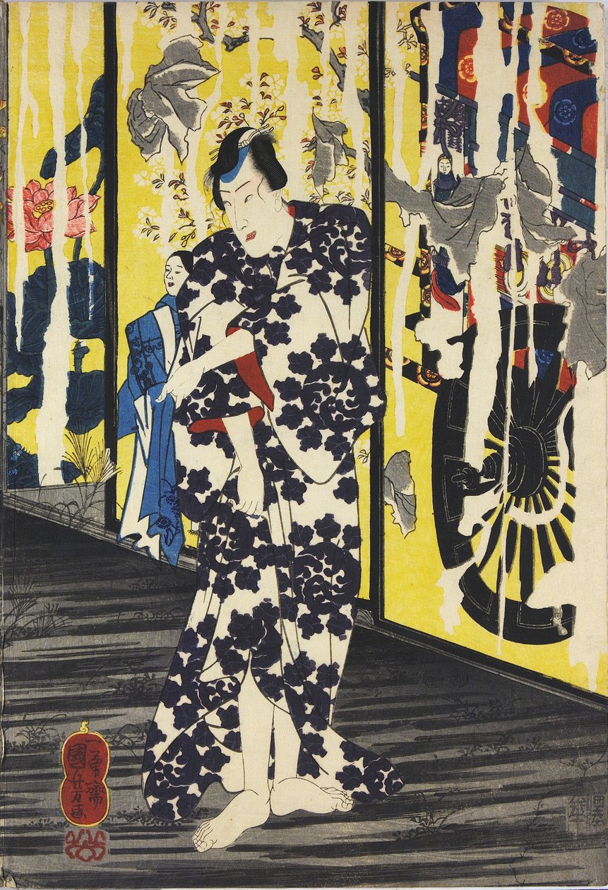 Arkusz z kolorowego tryptyku drzeworytowego zatytułowanego Imayo Teru-uji furudera no kozu (Aktualny Teruuji na starym obrazie w starej świątyni), przedstawiający scenę w zrujnowanej świątyni przy świetle księżyca z rozdartą i łuszczącą się fusumą, z Teru- autorstwa Utagawa Kuniyoshi