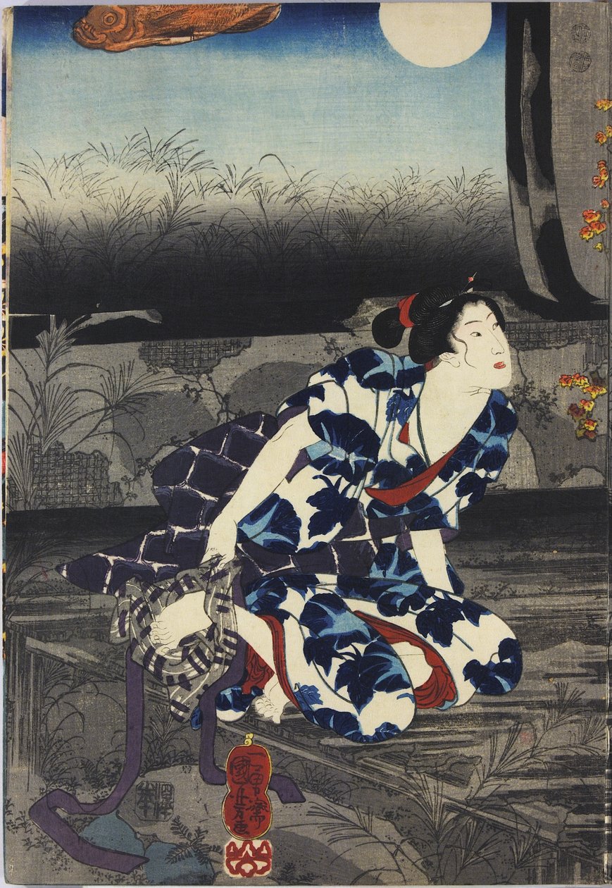 Arkusz z kolorowego tryptyku drzeworytowego zatytułowanego Imayo Teru-uji furudera no kozu (Aktualny Teruuji na starym obrazie w starej świątyni), przedstawiający scenę w zrujnowanej świątyni przy świetle księżyca z rozdartą i łuszczącą się fusumą, z Teru- autorstwa Utagawa Kuniyoshi