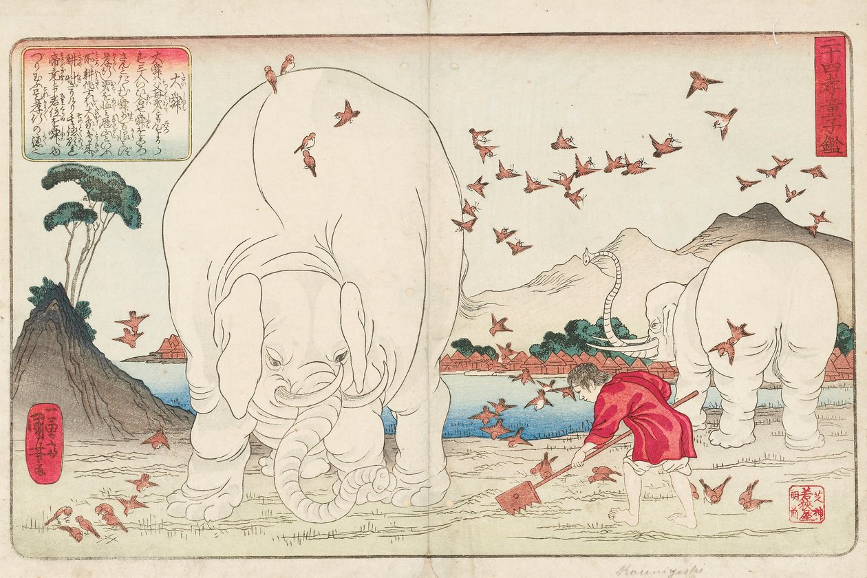 Taishun spulchniający pole przy pomocy słoni i stada wróbli, sygnowany Ichiyusai Kuniyoshi ga, ok. 1843 (kolorowy drzeworyt) autorstwa Utagawa Kuniyoshi