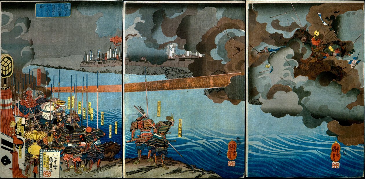 Takeda Shingen niszczy siły Suwa Yorishige (Takeda Shingen Suwa Yorishige no jinchū o uchi-kuzusu zu), c.1850-51 autorstwa Utagawa Kuniyoshi