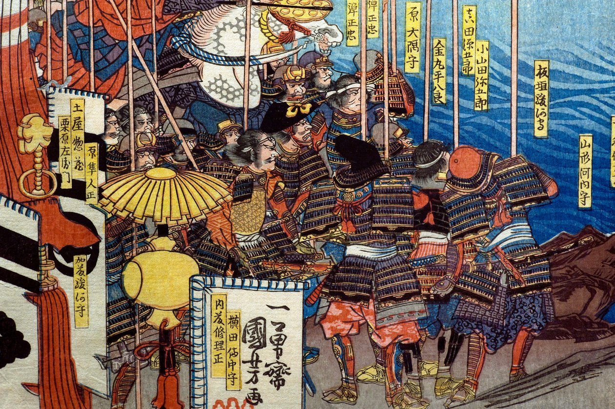 Takeda Shingen niszczy siły Suwa Yorishige (Takeda Shingen Suwa Yorishige no jinchū o uchi-kuzusu zu), c.1850-51 autorstwa Utagawa Kuniyoshi