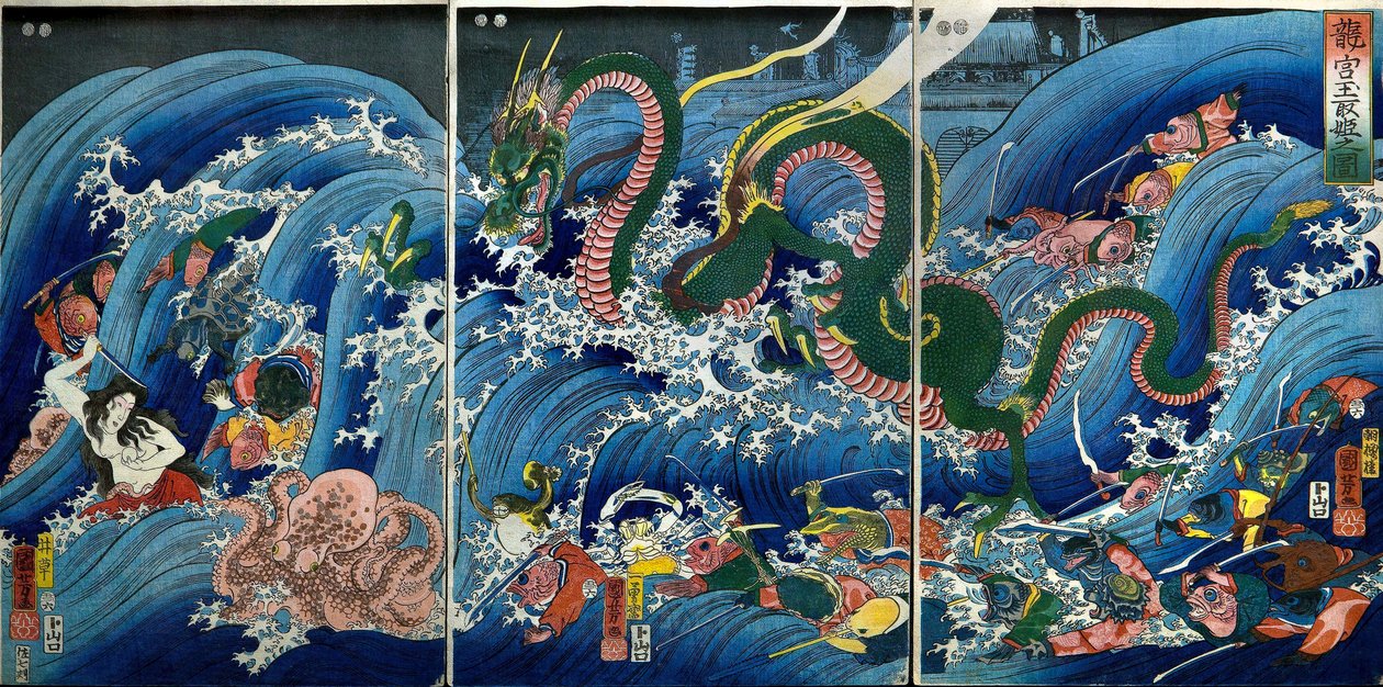 Tamatori-hime Kradzież Świętego Klejnotu ze Smoczego Pałacu (Ryūgū Tamatori-hime no zu) autorstwa Utagawa Kuniyoshi