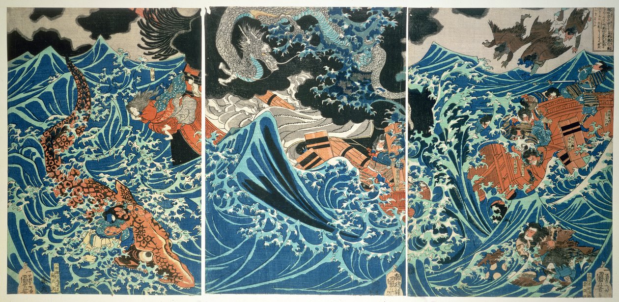 Wrak Tametomo, wyd. ok. 1836, (kolorowy drzeworyt) autorstwa Utagawa Kuniyoshi