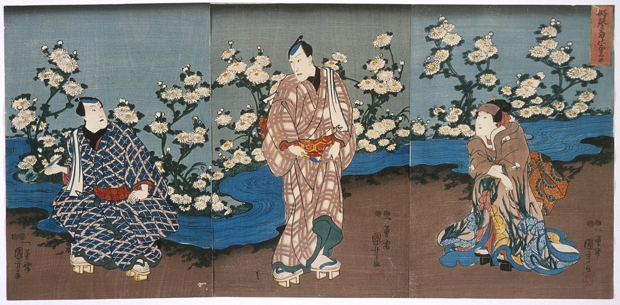 Aktor Onoe Kikugorō III oglądający chryzantemy i strumień autorstwa Utagawa Kuniyoshi