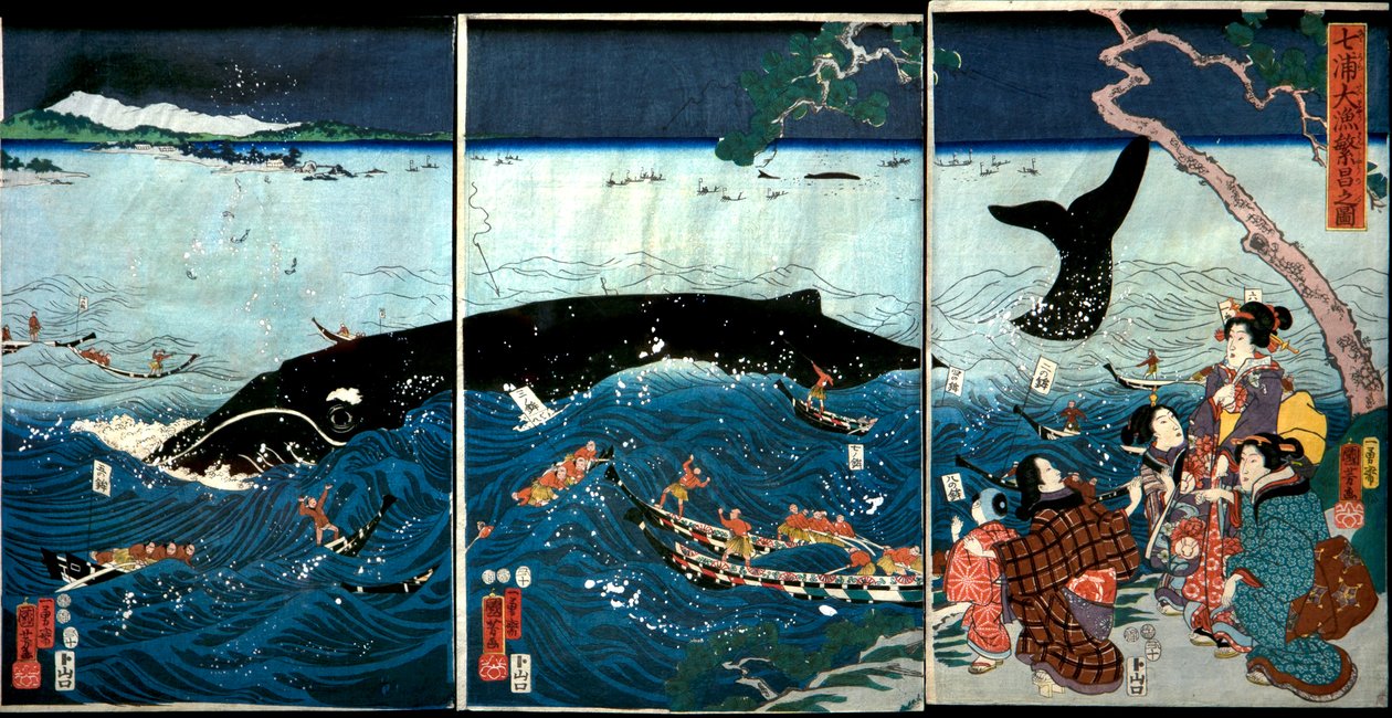 Rozkwit Siedmiu Wybrzeży z Dużymi Rybami (Nana ura tairyō hanjō no zu) autorstwa Utagawa Kuniyoshi