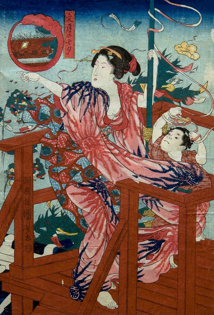 Święto gwiazd siódmego miesiąca (Fumizuki no tanabata) Cykl bez tytułu o kobietach z dziećmi w dwunastu miesiącach, ok. 1836 autorstwa Utagawa Kuniyoshi