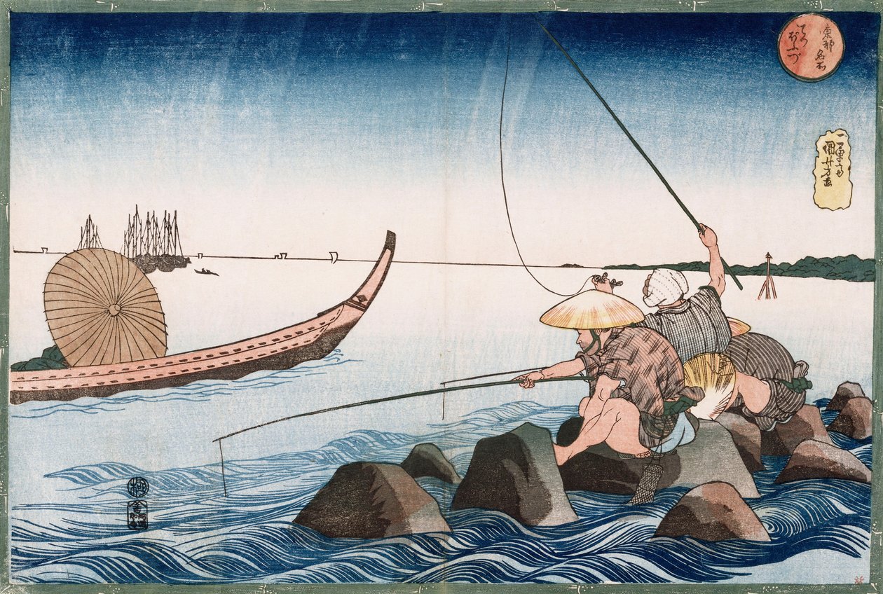 Trzech wędkarzy łowiących w Teppozu”, z cyklu „Słynne miejsca Stolicy Wschodu” autorstwa Utagawa Kuniyoshi